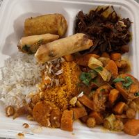 Veg curry, spring roll, fried banana, jackfruit at Bla Bla in Groningen