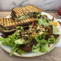 Avocado and mushroom toasts with salad  at Bloomy Market in Setubal