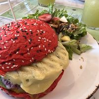 Vegan burger with vegan cheese  at Bloomy Market in Setubal