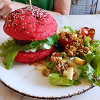 Chickpea burger at Bloomy Market in Setubal