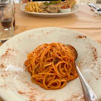 Garlic pasta and lentil balls. Great size portions at Meli & Thymari in Santorini