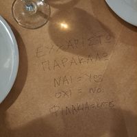 Language lesson by staff on the tablecloth at Meli & Thymari in Santorini