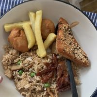 prawn toast, chips, chicken balls, fried rice with duck, and crispy beef (ALL VEGAN!!!!)  at In Cafe & Restaurant in Cardiff