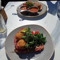 Background is not vegan! Front plate is vegan breakfast at Trading Post Coffee Roasters in Brighton
