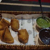 Samosas. Not a big portion but delicious. Excellent sauces.  140,000 at Benaras in Ho Chi Minh City