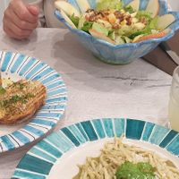 Home made pasta with garlic and basil, bruschetta with garlic and basil, salad at ENJOY The Little Things in Sorrento