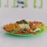 Vegan padang dish. Yummy Rendang meat made from mushroom stalk, potato curry, casava leave curry,curry soup serves with coconut sauce at Pondok Vegan in Denpasar