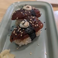"Tuna" Nigiri made with marinated pear tomato and cashew cream topping at Veganashi - Gluten Free Sushi in Barcelona