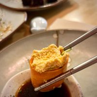 Tunesa: carrot gunkan filled with brown rice, rocket salad, crumbled organic tofu with vegan mayo and paprika at Veganashi - Gluten Free Sushi in Barcelona