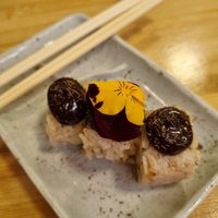 Dessert sushi with banana, peanut butter, and chocolate at Veganashi - Gluten Free Sushi in Barcelona