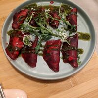 Beet Ravioli filled with onions and cream at Veganashi - Gluten Free Sushi in Barcelona