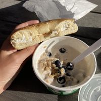 Vegan Bagel with plant based cream cheese and vegan porridge  at Sugarhouse Coffee in Salt Lake City