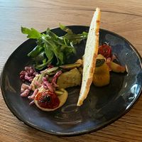 Starter with avocado, humus, grilled tomatoes at De Budde in Nijverdal