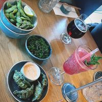 Starter, snack like edamame, vegan gyoza and chili mayo and wakame sea salad!  at OASIA in Vejle