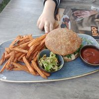 Delicious vegan burger ordered with extra sweet potato fries, so yummy! at Deli in Wagna