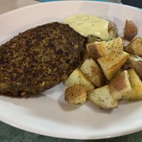 Black bean burger with potatoes  at Estrella Negra in San Pedro De Atacama