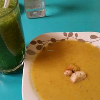 Estrella Negra - vegan vegie soup of the day and green juice (watery but tasty) at Estrella Negra in San Pedro De Atacama