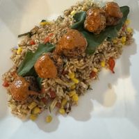 Soy Meatballs with fried rice and veggies   at Estrella Negra in San Pedro De Atacama