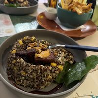 Muy rico todo, excelente. Mi papá no es vegano y le encantó. Las porciones super abundantes. Pedí el tofu marinado con quinoto de champiñones. Recomendadisimo!   at Estrella Negra in San Pedro De Atacama