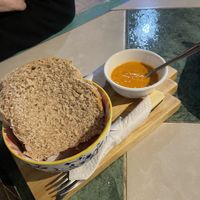 Complimentary bread - not too sure what the sauce is but it’s SO good  at Estrella Negra in San Pedro De Atacama