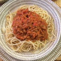 Spaghetti bolognese made from soya at Estrella Negra in San Pedro De Atacama
