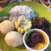 Plato placeña. Seitan (gluten). Olive paste. Potato, Rice and local corn at Estrella Negra in San Pedro De Atacama