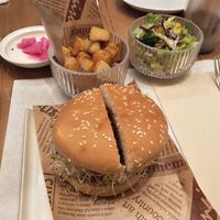 Burger, roast potatoes and salad. at Vegegood 素来很好 in Shanghai