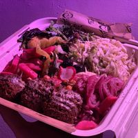 Falafel plate, the Airbnb room lighting was purpleish  at Dune in Los Angeles