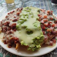 Homemade fries with guacamole, beans and pico de gallo with vegan cheese at Salud Para Vida in San Pedro La Laguna
