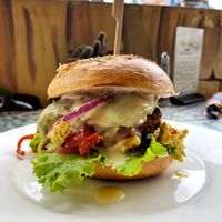 Tofu scramble bagel 55Q  at Salud Para Vida in San Pedro La Laguna