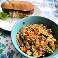 Pineapple fried rice with coconut bacon  at Salud Para Vida in San Pedro La Laguna