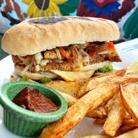 Buffalo chick’n sub 55Q + 22Q for fries  at Salud Para Vida in San Pedro La Laguna