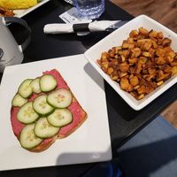 Beet hummus toast and breakfast potatoes at Speckled Hen Coffee in Strasburg