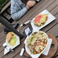 Tofu sandwich, egg salad on toast, and a vegan bowl with veggies tofu and peanut sauce   at Speckled Hen Coffee in Strasburg