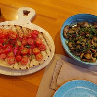 Bruschetta with garlic and tomatoes, garlic mushrooms at Porto Rino in Crete