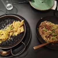 Arroz negro con heura y pad thai at Street & Soul in Toledo