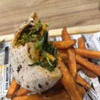 Shawarma pita sandwich with veggie meat in tahini and mango sauce!  at Street & Soul in Toledo