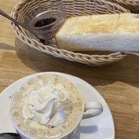 Soymilk coffee, complimentary toast, and banana milk  at KOMEDA is in Tokyo
