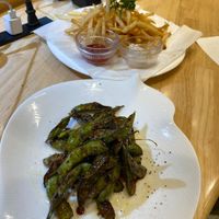 soy sauce edamame and rice flour fries  at KOMEDA is in Tokyo