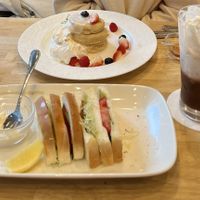 Lemon sandwich, pancakes and ice hot chocolate  at KOMEDA is in Tokyo