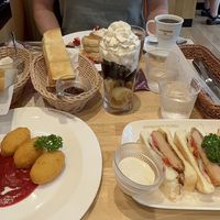 Toasts, pancakes, soy croquettes, “ham” cutlet sandwiches  at KOMEDA is in Tokyo