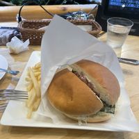 Wasabi tartar mock fish/chicken burger. Not bad, but also tasted cheaper than it was    at KOMEDA is in Tokyo