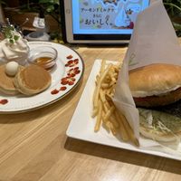 Vegan fish burger and pancakes   at KOMEDA is in Tokyo