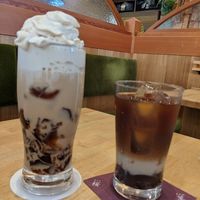 Drink on the right is my favorite coffee. Has red bean, a nice sweet counter balance to the bitterness of coffee. So good!!! at KOMEDA is in Tokyo