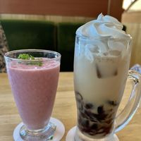 Strawberry amazake smoothie and coffee jelly drink with soy cream  at KOMEDA is in Tokyo