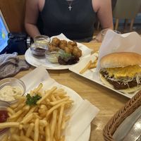 tofu fritters, chicken tartar burger, fries  at KOMEDA is in Tokyo
