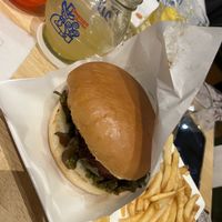 Miso burger, fries and apple juice   at KOMEDA is in Tokyo