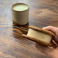 Ice cream sandwich and matcha latte at Wholesome Bakery in San Francisco