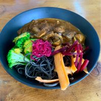Mushroom stroganoff with black bean spaghetti  at Wise Cicada Wholefood Cafe in Auckland