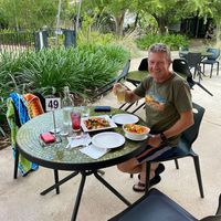 Dinner by the pool, still in our bathers - very nice and casual! at Anbinik Restaurant in Jabiru
